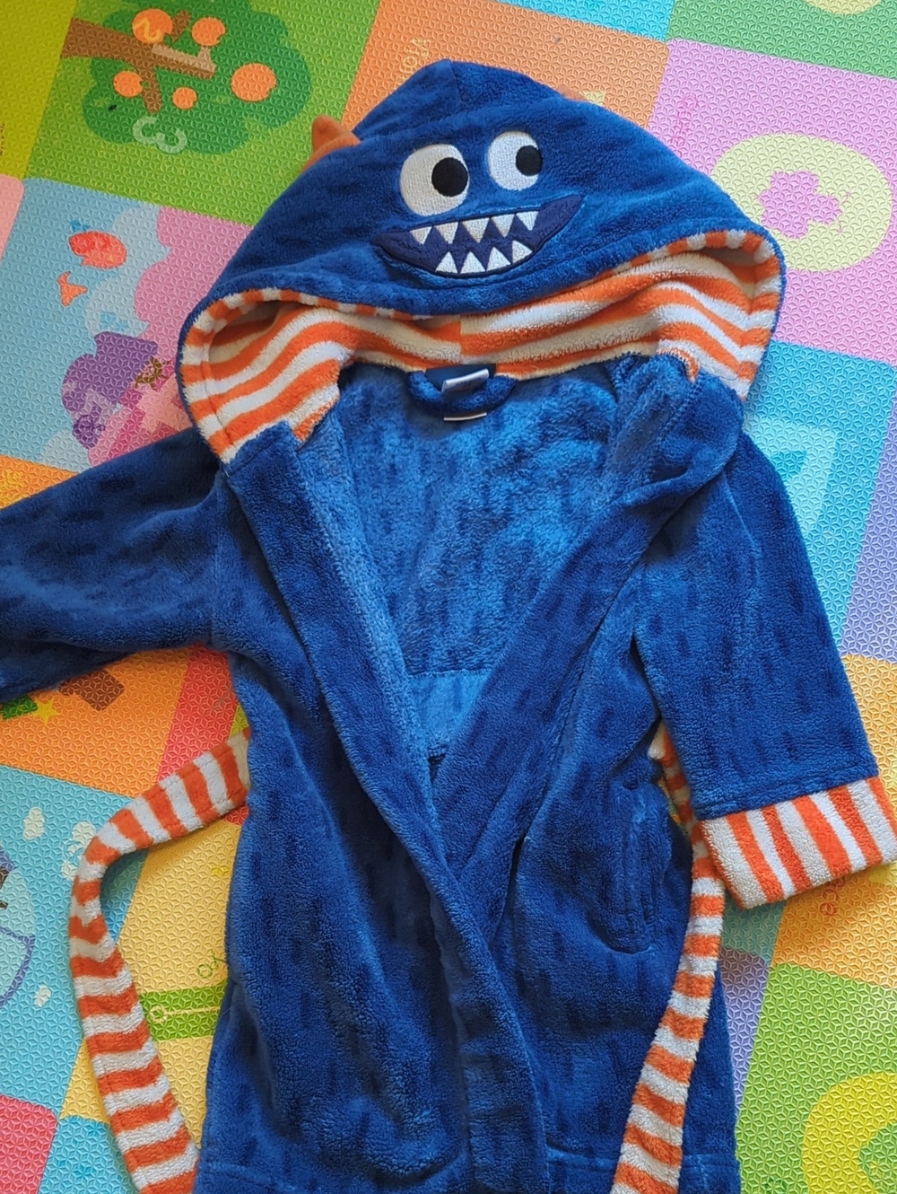 Unisex Blue Monster Hooded Kids Bathrobe with Orange Stripe Trim-2/3T